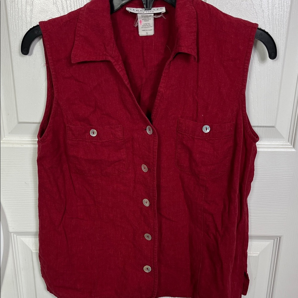 Versailles Red Linen Sleeveless Button Down Top | Collared Summer Blouse Size S